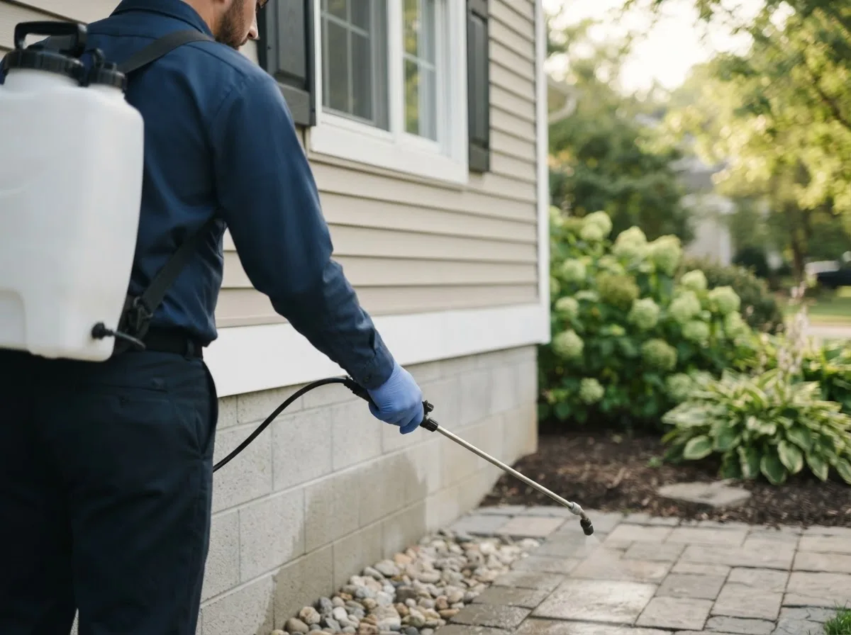 Pest control technician inspecting a home in Laurel, NE